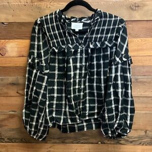 Cleobella Plaid Ruffle Blouse in Black and Cream